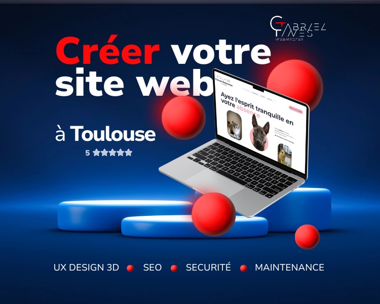 Visuel carré Gabriel Fines avec fond bleu nuit, sphères rouges et mockup de site web